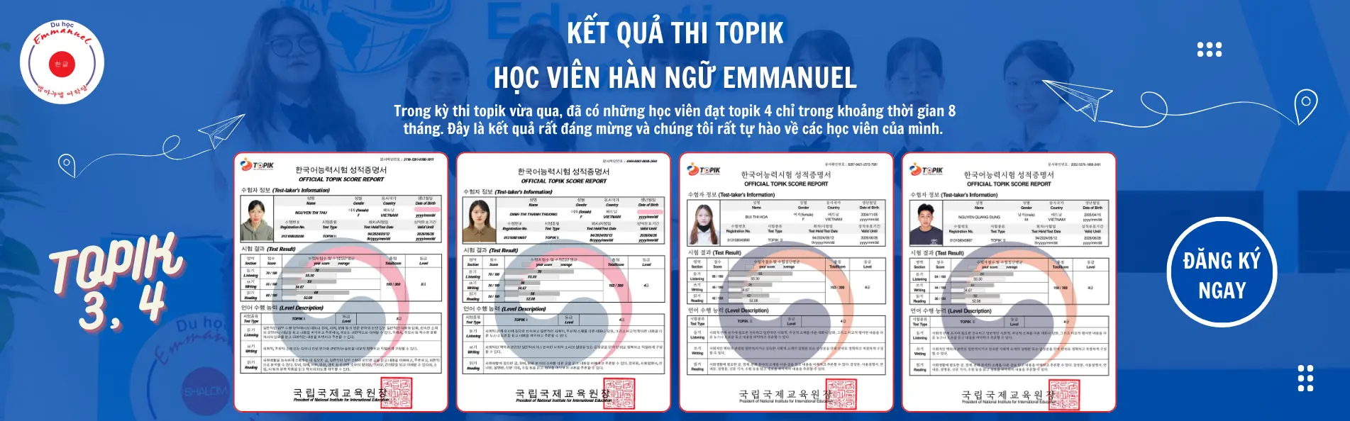 Chúc mừng học viên trung tâm tiếng Hàn Emmanuel đạt kết quả cao trong kỳ thi topik